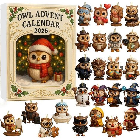 Calendrier de l'Avent Hibou 2025 avec décorations Hibou 2D plates - Compte à rebours de Noël de 24 jours - Décoration pour sapin (1/5)