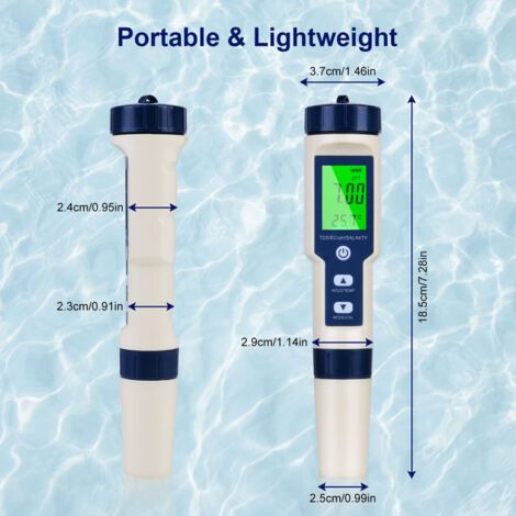 5-en-1Testeur PH Mètre Électronique , PH Mètre avec écran LCD rétro-éclairé,  Testeur de qualité de l'eau pour Tester Le pH/TDS/EC/Température/Salinité, pour l'eau Potable/Aquariums/Piscine (1/4)