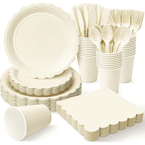 Assiettes et serviettes en papier jetables, beige, lot de 25 pièces (1/5)