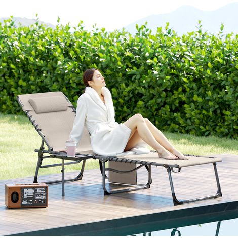 Chaise longue pliante inclinable 5 niveaux table chevet poche - Dimensions: 60x190x31 cm - Couleur: Crème