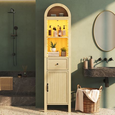 Mueble de baño independiente, 163 cm de altura, encimera arqueada con iluminación LED, puerta reversible, cajón, cierre magnético, bisagras de cierre suave, 40 × 30 × 163 cm (1/5)