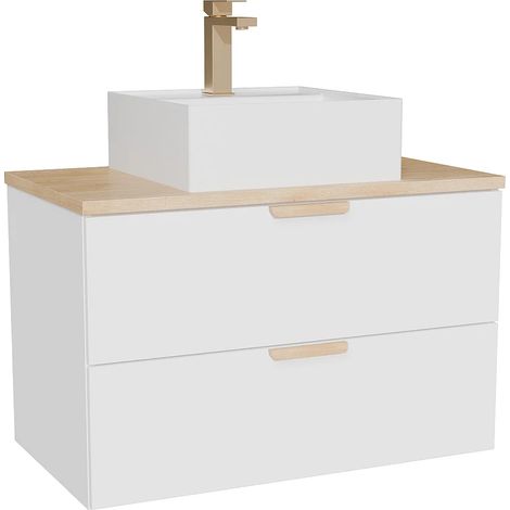 Mobile bagno sospeso con lavabo da appoggio quadrato e rubinetto Bianco L80 cm – AVORELI (1/5)