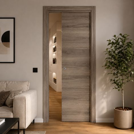 Porta da interno scorrevole reversibile olmo nocciola effetto venato in MDF H210 cm - 60xH210 cm (1/4)