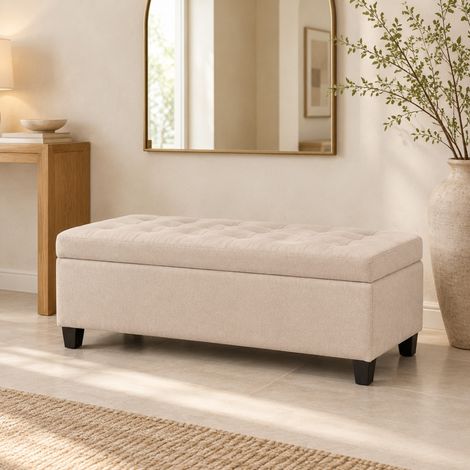 Banco baúl acolchado con tapa, efecto lino, beige DESVIAE (1/5)
