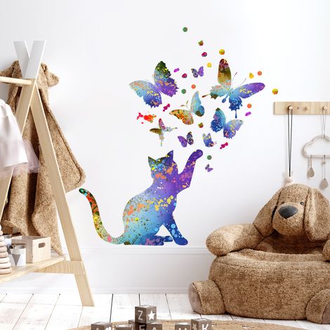 Lntyq Stickers Muraux Enfants Stickers Muraux Chat Papillon Autocollant Mural Papillon Chat Autocollant Muraux Animaux Stickers Muraux Pour Personnalité Maison Chambres Enfants Bébé Salon Pépinière