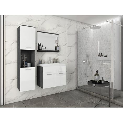 Conjunto de muebles de baño MONTREAL, juego de muebles de baño, baño pequeño, lavabo incluido, color matera/blanco brillo (1/3)