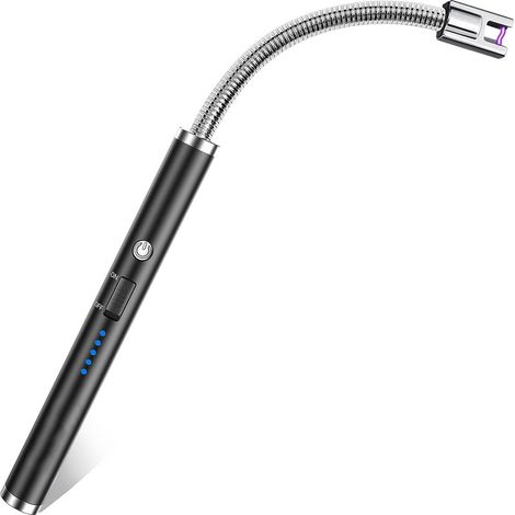 Wiederaufladbares elektrisches Bogenfeuerzeug mit LED-Akkustandsanzeige, langem, flexiblem Griff, USB-Anschluss zum Anzünden von Kerzen, Gasherden, beim Camping und Grillen, Schwarz