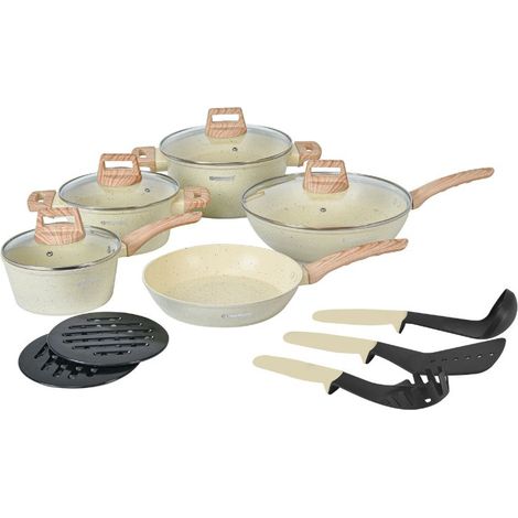 Batterie de cuisine 14 pièces avec revêtement en granit et manche en bois Beige Herzberg HGWDBEJ14-BEI (1/5)