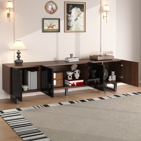 Mueble TV 180x38x50 cm negro y natural en MDF con puertas sin tiradores y almacenaje (1/5)