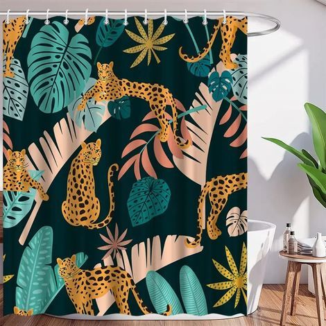 Cortina de ducha con estampado de guepardo bohemio, cortina de baño con estampado de leopardo tropical, cortina de baño moderna rosa con flores azules y fases lunares, 180 x 180 cm - 70 x 70 pulgadas