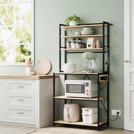 WOLTU Scaffale da Cucina con Prese di Corrente, Scaffale da Panetteria, Portaoggetti a 6 Ripiani con 6 Ganci, per Microonde, 80x40x167cm, Rovere Chiaro+Nero