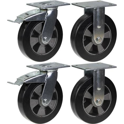 Wheels - 200 mm - Black rubber - Capacity 1800 kg - Pack of 4