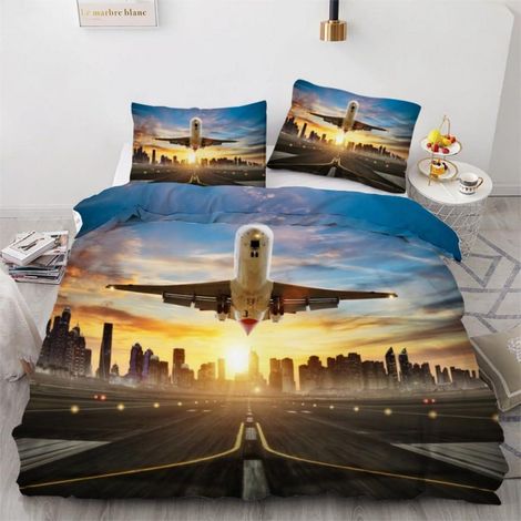 Bettwäsche-Set 155x220cm 3-teilig mit 2 Kissenbezügen 80x80cm, Flugzeug Motiv, Mikrofaser