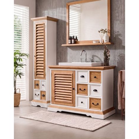 Inda - Meuble salle de bain en bois massif blanche et naturelle (1/5)