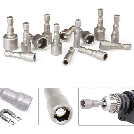 10-teiliges 6-19 mm Schraubendreher-Steckschlüssel-Set - Bit-Adapter, Sechskant für Mutternschraubendreher für Handbohrmaschine, Elektroschrauber, Steckschlüssel (Chrom-Vanadium-Stahl) (1/5)