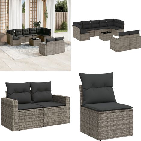10-tlg. Garten-Sofagarnitur mit Kissen Grau Poly Rattan - Gartenmöbel Set - PE-Rattan Möbel - Outdoor Lounge - Esstisch Set - Gartenlounge - Home & Living (1/5)