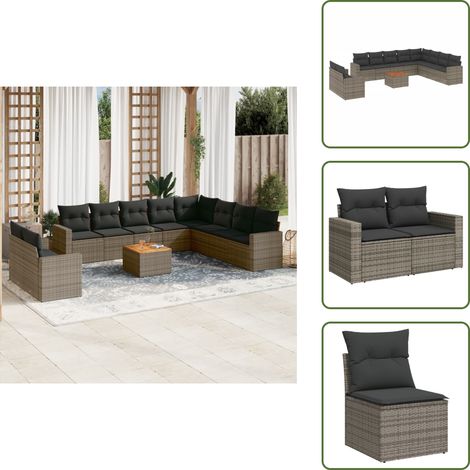 The Living Store 11-tlg. Garten-Sofagarnitur mit Kissen Grau Poly Rattan - Gartenmöbel Set - Esszimmergarnitur Outdoor - Lounge Möbel - Rattan Gartenmöbel - Wetterfeste Gartenmöbel (1/5)