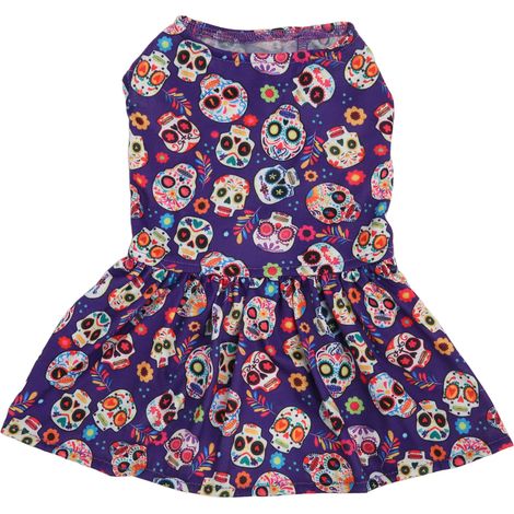 Robe d'Halloween pour animaux de compagnie, douce pour la peau, extensible et respirante, motif têtes de mort. Tenue mignonne pour chien, idéale pour les promenades et les fêtes. Taille L. (1/5)