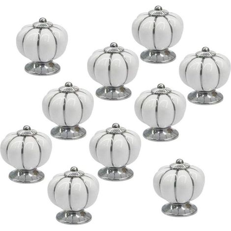 10 Poignées de Tiroir en Céramique Blanche Rondes Style Citrouille Finition Chrome pour Meuble