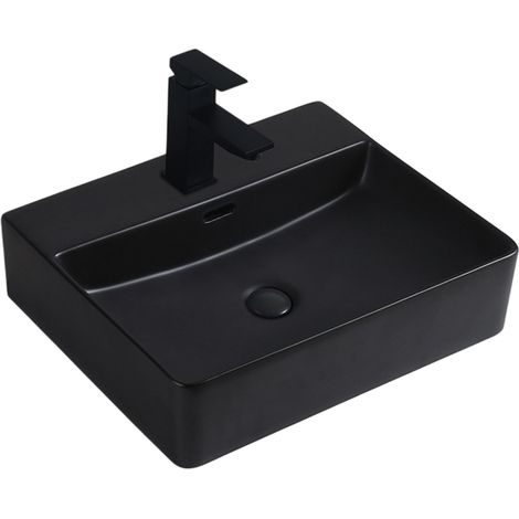 BERNSTEIN - Vasque à poser ou murale en céramique sanitaire KW6146 - 50x42x12,5cm - Noir mat, Sans bonde Pop Up (1/3)
