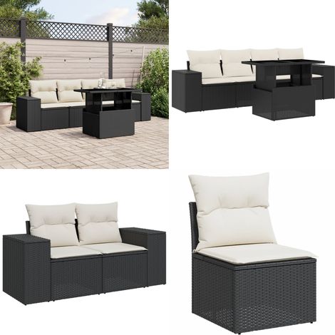 Salon de jardin 5 pcs avec coussins noir résine tressée - Ensemble Salon De Jardin - Meuble Extérieur - Jardin Design - Mobilier Résistant Aux Intempéries - Chaise Lounge - Home & Living (1/5)