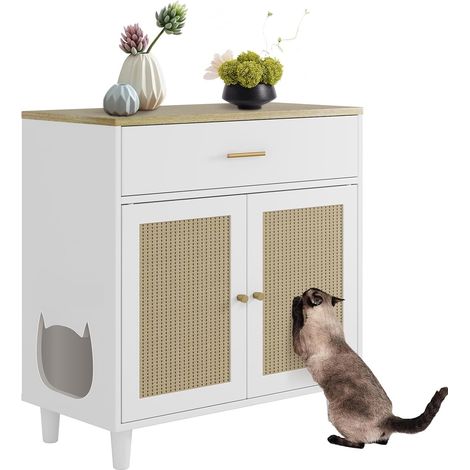 Maison de Toilette Chat en Bois,Meubles Cachés,Table d'appoint en Bois pour Animal Domestique,Convient à la Plupart des Chats,80x40x50cm