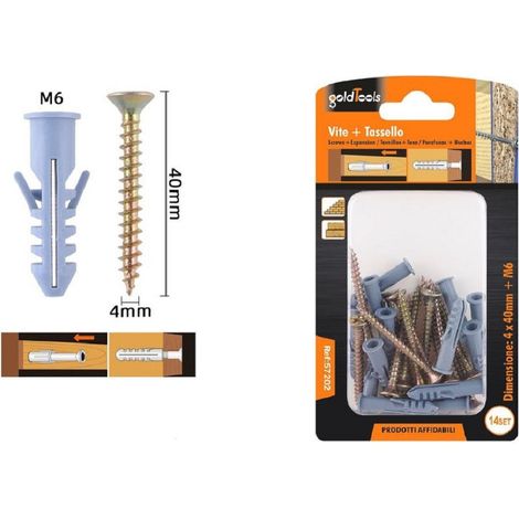 Kaela - Set 14 Pezzi Viti Vite 4 X 40 Mm + Tasselli Con Alette Tassello M6 Fischer 57202 - (1/2)