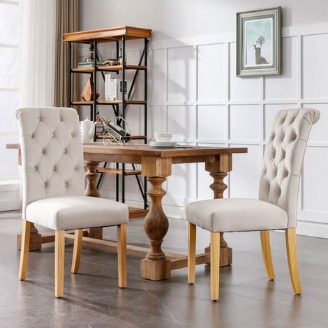 Chaise repas 2 chaises en velours pieds en chêne beige bouton capitonné clou chromé (1/5)