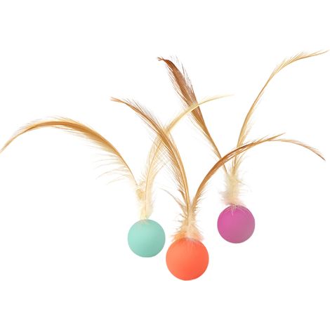 Lot de 3 Balles à Plumes pour Chat en Caoutchouc Souple, Jouet Interactif Rebondissant aux Couleurs Vives pour Stimuler l'Instinct de Chasse (1/4)