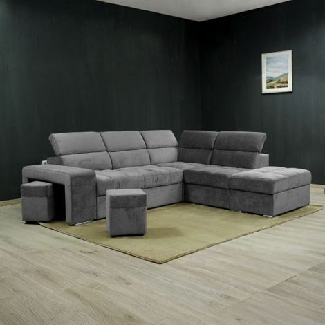 Divano angolare reversibile Positano grigio con poggiatesta regolabili, pouf e funzione letto