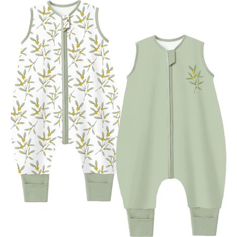 Lot de 2 gigoteuses pour bébé - Avec pieds - 1 Tog - Pour enfants - Avec jambes - 100 % coton - Pour garçons et filles - 1 tog et plantes - 80 cm - Taille bébé 90 à 100 cm (1/5)