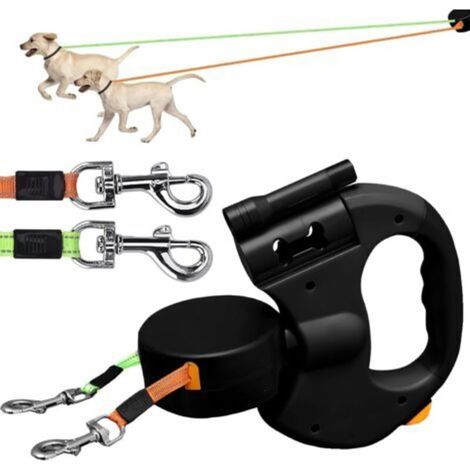 3m Laisse Double pour 2 Chiens,Laisse Chien Enrouleur pour Chien Jusqu'à 25kg/55 lb,Ruban en Nylon Solide Extensible à , avec Coutures réfléchissantes Lumineuses,360º sans