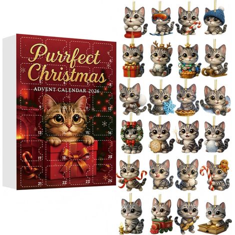 Calendrier de l'Avent Chat 2026, 24 décorations suspendues en acrylique 2D avec de jolis motifs de chats, ornements de sapin de Noël féériques pour une décoration festive de la maison (1/5)