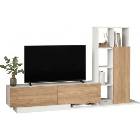 Meuble TV et Etagère 3 Portes 11 Niches Chêne et Blanc L 201,2 H 123,6 P 29,5 cm (1/5)
