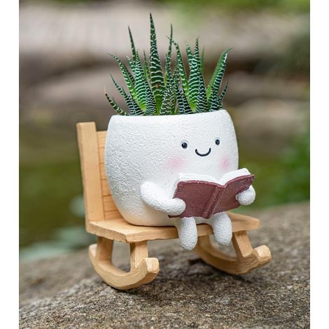 Rocking chair smiley face shaped flower pot, cute indoor and outdoor plant pots, unique and fun succulent plant pots, Mother's Day, birthday, Christmas gift (white). (1/5)