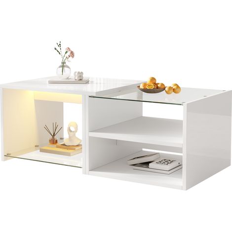 Couchtisch Wohnzimmertisch mit Glasplatte, Spanplatte, APP-LED-Licht, offene Fächer (1/5)