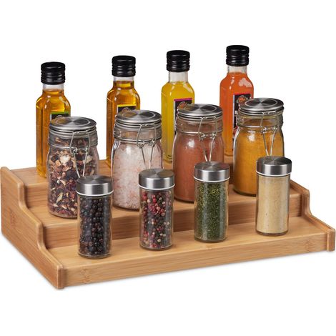 Relaxdays Spice Rack Bamboo, Kitchen Organiser, Seasoning Storage, Space-Saving, 3 Levels, HWD: 9 x 38 x 22 cm, Natural