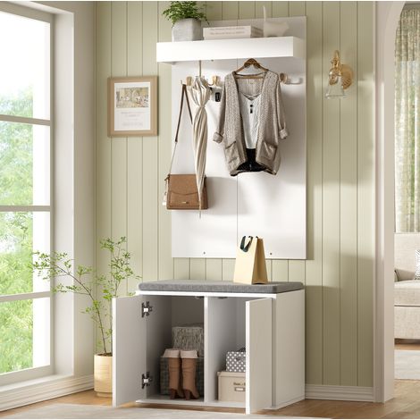 Mobiliere ingresso 3 in 1 60x35x(45+100) cm, con 4 ganci integrati, scarpiera a 2 ante, panca, truciolato, bianco (1/5)