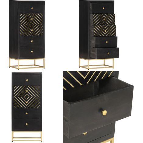 Schubladenschrank Schwarz Golden 45x30x105cm Mangoholz - Holzschrank - Schrank mit 5 Schubladen (1/5)