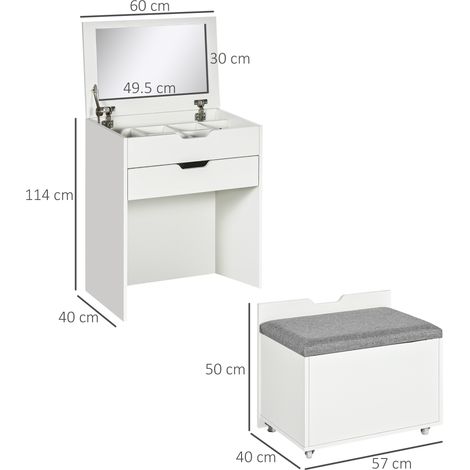 Coiffeuse en bois (avec miroir, tiroir et tabouret assorti, blanche) (1/5)