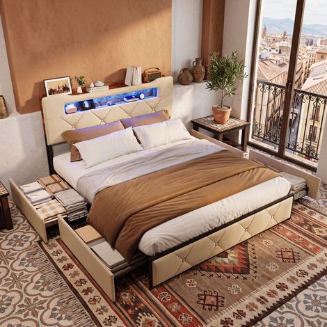 JOOKGBD‑Cama con cajones de almacenamiento 160x200cm, tapizado en terciopelo beige, estructura de metal y tablero, cabecera con estante, tiras LED RGB, puerto USB‑A y Type‑C,moderno para dormitorio (1/5)