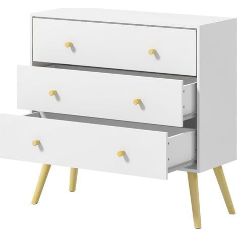 Commode 3 tiroirs design scandinave piètement effilé incliné bois pin panneaux blanc80 x 30 x 80 cm blanc (1/5)
