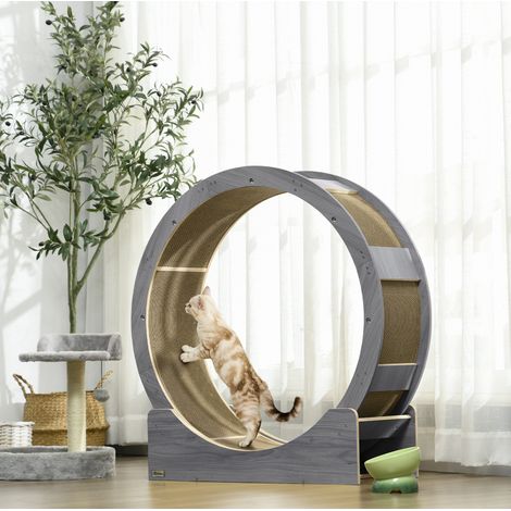 Ruota per gatti 91 cm con freno e tappetino graffiante, legno grigio (1/5)