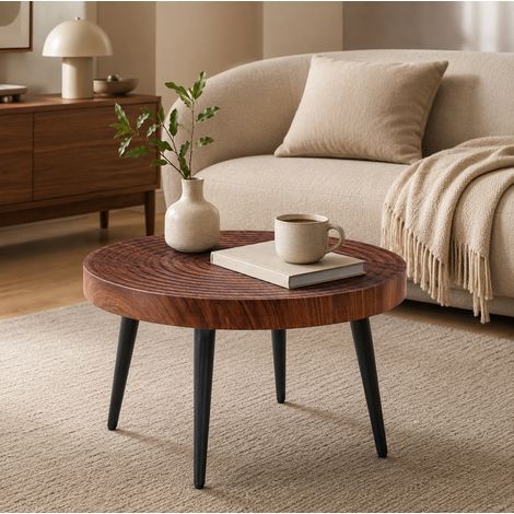 Runder Couchtisch Ø60 cm aus Holz und Metall, 5 cm starke Platte, dunkle Walnuss, Schwarz OKMYHOME (1/5)