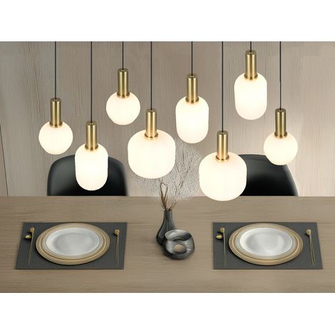 Retro LED Pendelleuchte 8-flammig mit Glasschirmen in Weiß, Breite 120cm