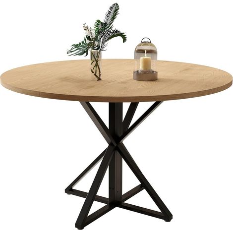 120CM Table à Manger Ronde en Bois pour 4-6 Personnes, Piétement Métal Solide, pour Cuisine, Salle à Manger, Salon, Naturel (1/5)
