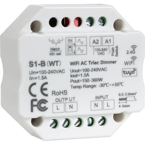 Contrôleur LED WIFI TRIAC Compatible avec Bouton-Poussoir et Télécommande RF SKYDANCE S1-B(WT) Blanc (1/5)