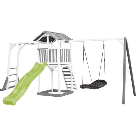 Axi Beach Tower Aire De Jeux Avec Toboggan En Vert Clair, Cadre D'Escalade, Balançoire Nid D'Oiseau Noir & Bac À Sable  Grande Maison Enfant Extérieur En Gris & Blanc  Cabane De Jeu En Bois Fsc