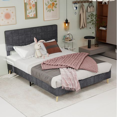 Bett Samt Grau 160x200 cm mit gepolstertem Karokopfteil (1/5)