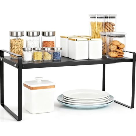 Expandable Kitchen Cabinet Organizer, 36-60 x 21 x 18 cm, Adjustable Metal Cabinet Organizer, Black for Countertops, Pantry and Bathroom (1/5)